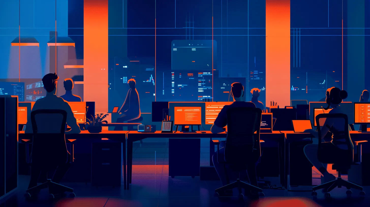 Abstract people working night shift at their computers