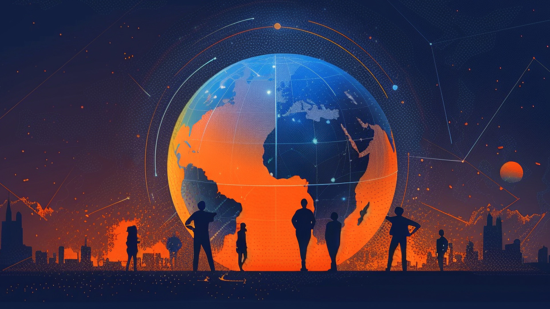 A group of people stands silhouetted against a glowing, digital world map with orange and blue hues, symbolizing a global network and the power of technology.