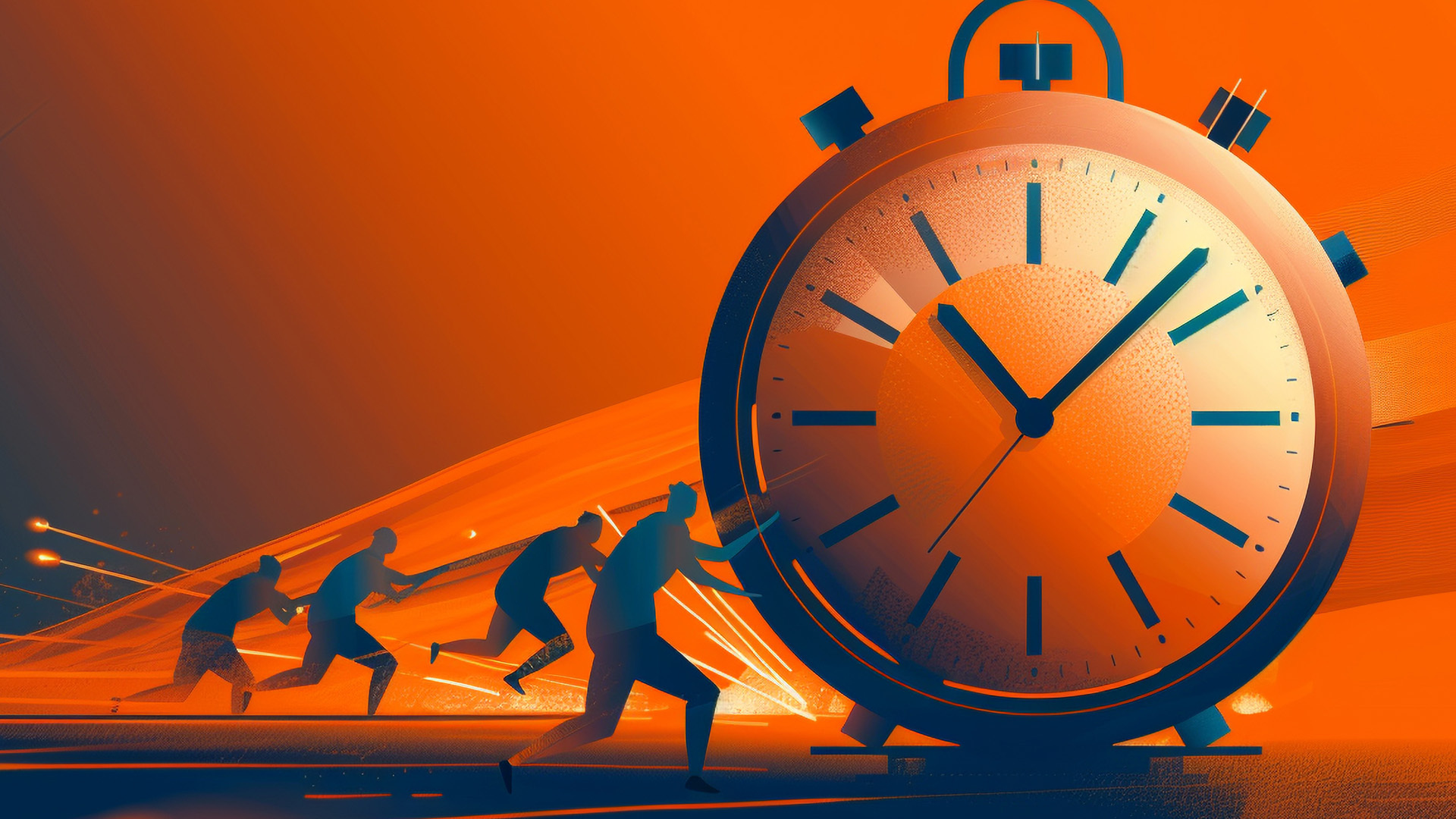 A group of people is seen running against a giant clock, symbolizing urgency and the race against time, with the scene highlighted in orange and blue hues.