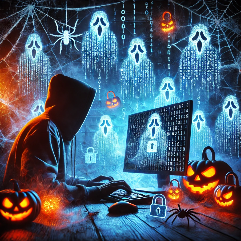 Digital illustration of a hacker surrounded by spooky Halloween elements, including pumpkins, ghosts, and spiders, with cybersecurity icons and binary code.