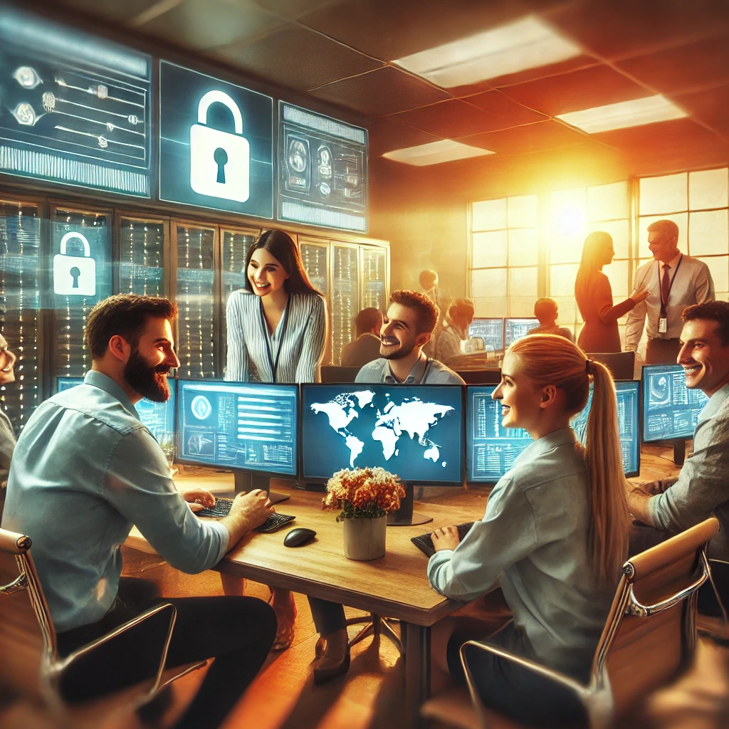 A team of cybersecurity professionals collaborating in a high-tech office with digital security displays, focusing on global data protection and system monitoring.