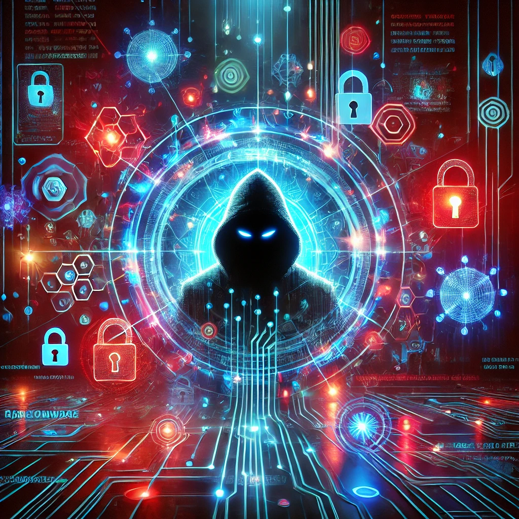 Digital illustration of a hacker in a hoodie surrounded by cybersecurity elements, including locks, circuits, and glowing technology symbols.