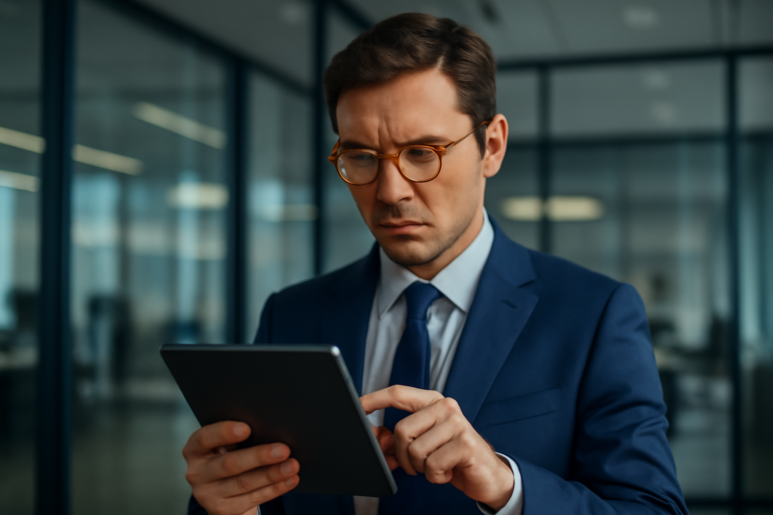 A professional man in a navy blue suit, holding a tablet, with a focused expression and orange glow reflecting off his glasses in a modern office setting.