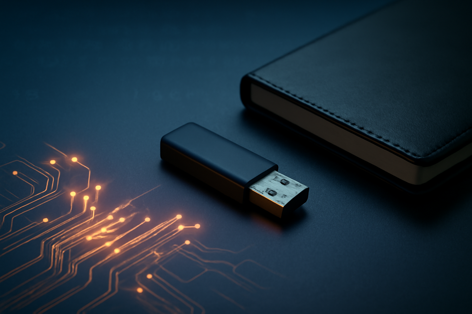 A close-up shot of a sleek navy blue USB drive beside a black notebook, with soft orange circuitry glow casting shadows on a dark desk. The background features a subtle binary code texture, enhancing the modern, tech-savvy atmosphere.