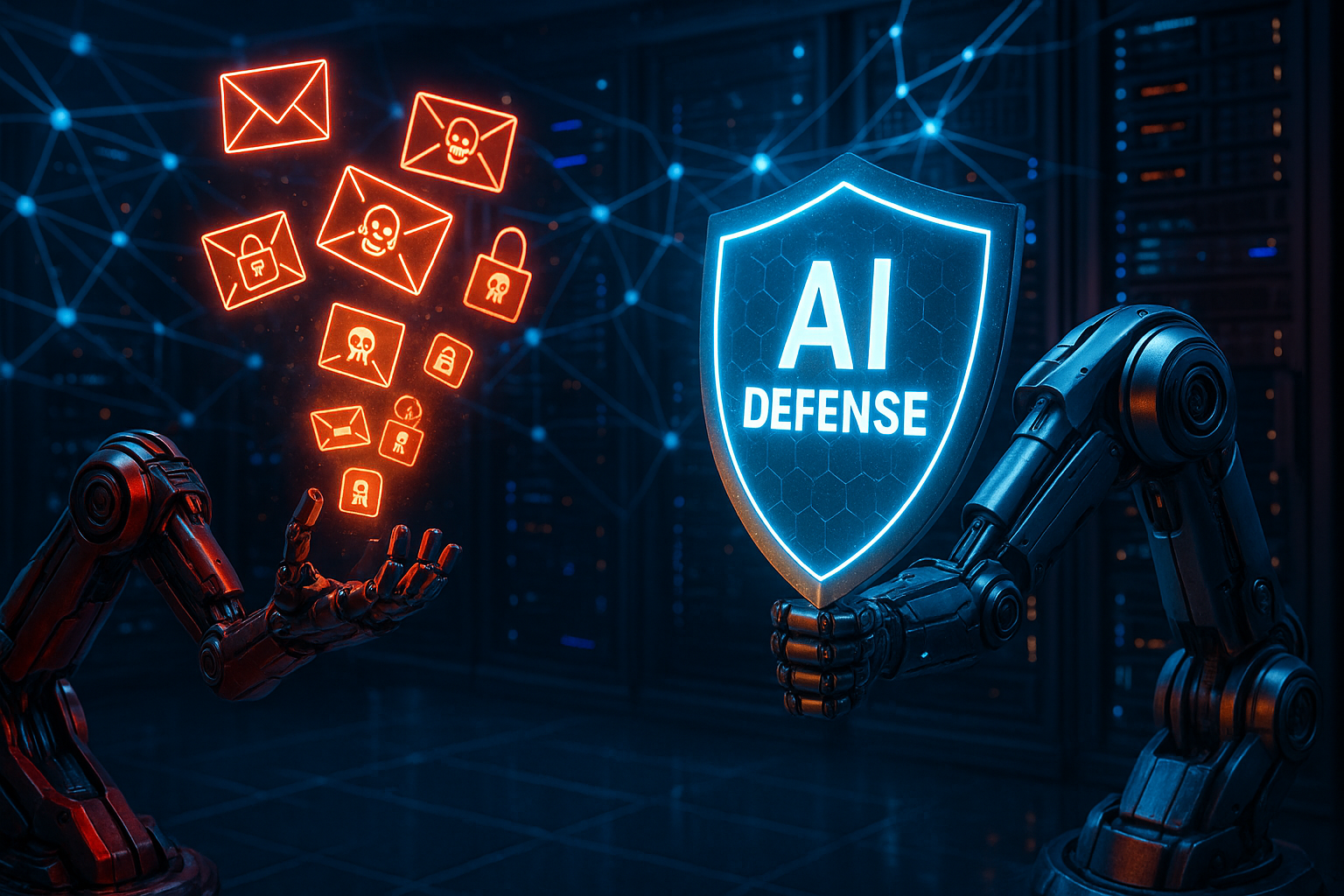 Two robotic arms face off in a futuristic server room, engaged in a cybersecurity battle. On the left, a red, malicious arm releases a swarm of phishing emails and ransomware icons. On the right, a navy-blue arm with orange accents holds a glowing shield marked "AI DEFENSE," fending off the attack. The background features intricate neural network connections and server racks, all bathed in cyberpunk neon lighting, creating a highly detailed, hyper-realistic 3D scene.