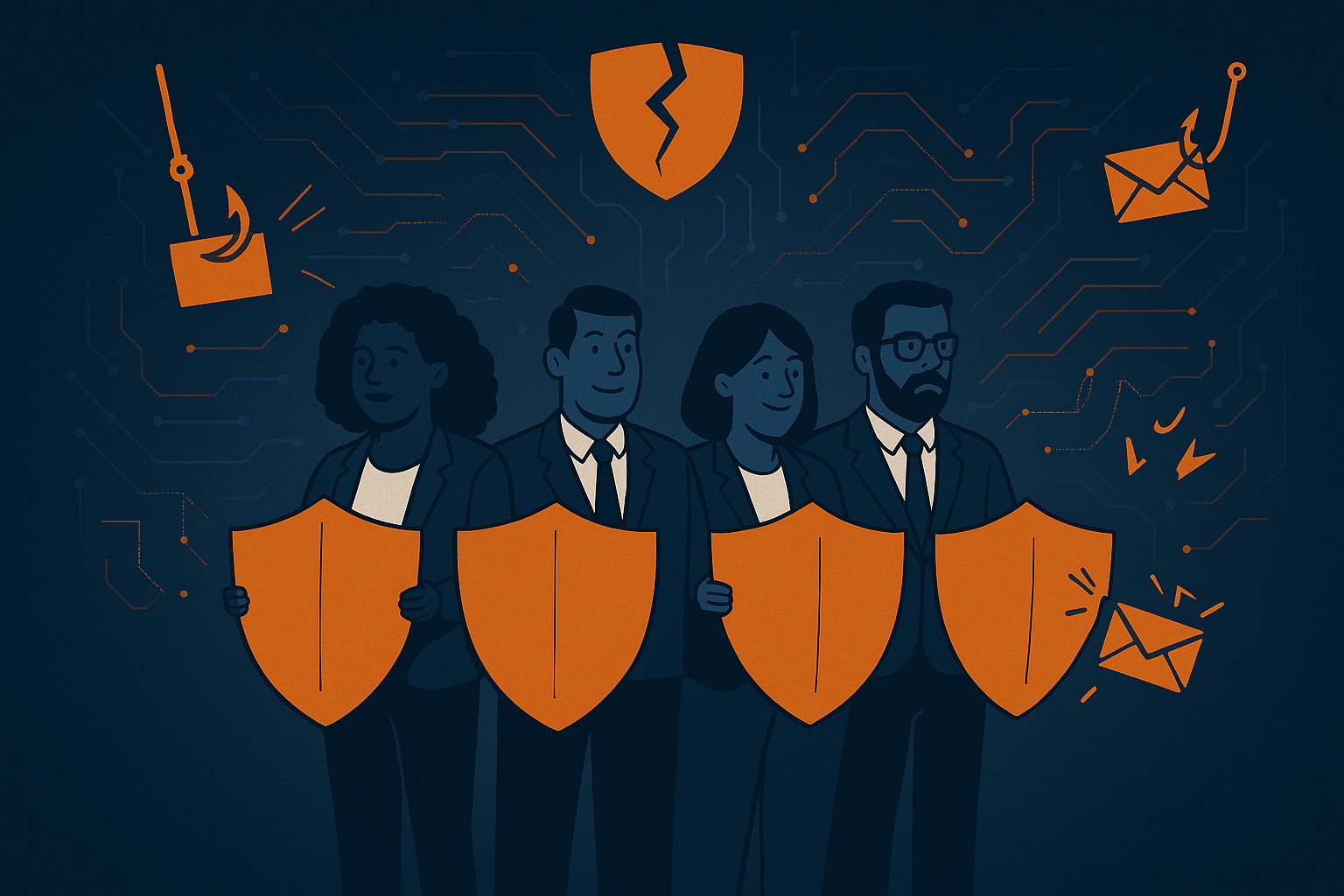 An abstract yet professional illustration of a group of diverse corporate employees forming a human chain or firewall made of shield shapes, standing in front of a digital network wall.