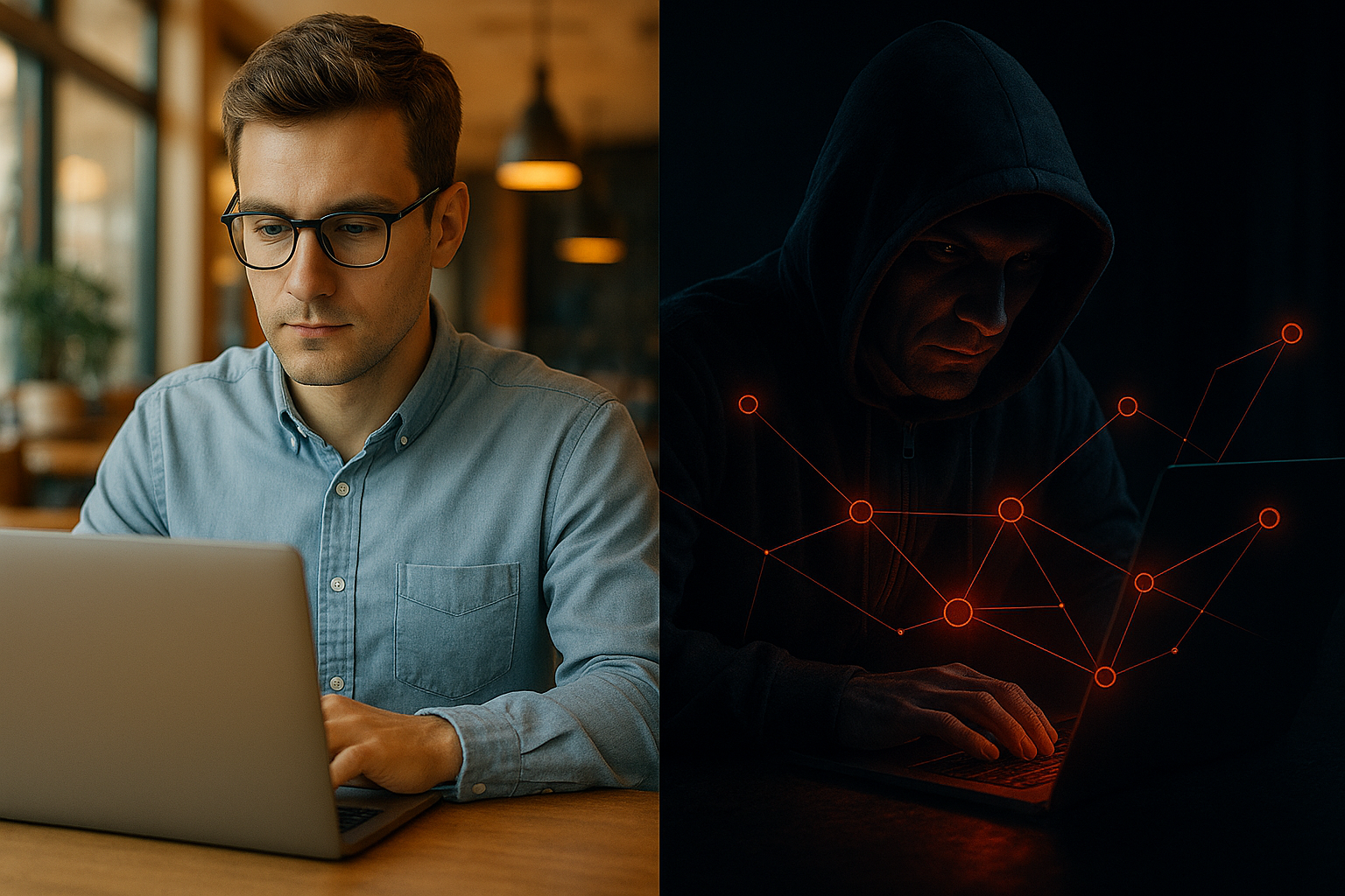 A split-screen digital photograph contrasting two cybersecurity scenarios. On the left, a professional man works on his laptop in a bright, warm-toned coffee shop, while on the right, a hacker in a dark room types intently on his laptop, surrounded by red glowing network connections. The image highlights the stark contrast between a safe, productive environment and a menacing, hacked one.