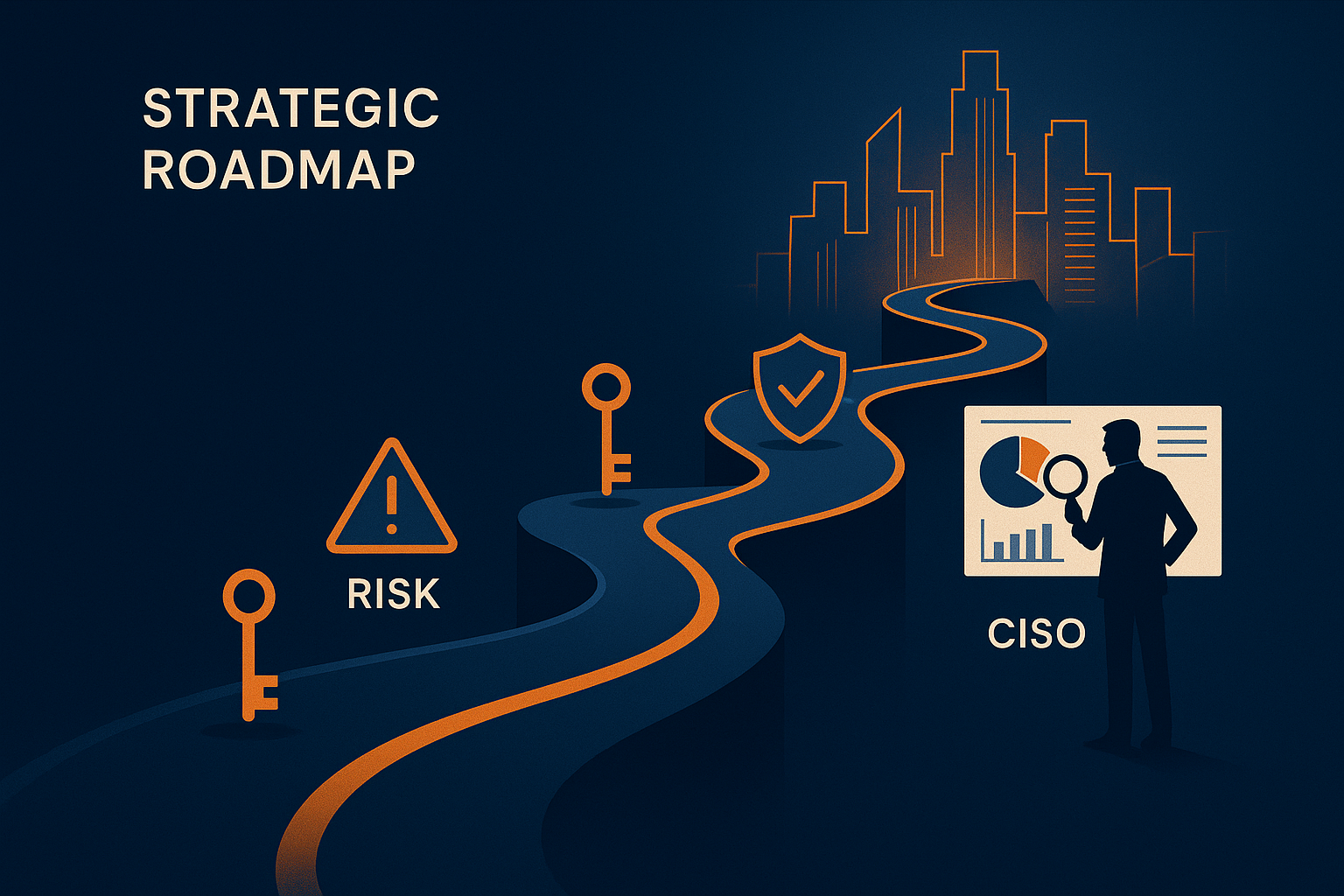 A strategic roadmap infographic concept designed like a winding road or staircase leading into a digital skyline. Along the path are symbols for risk assessment, encryption keys, shield icons, and a CISO figure analyzing data.