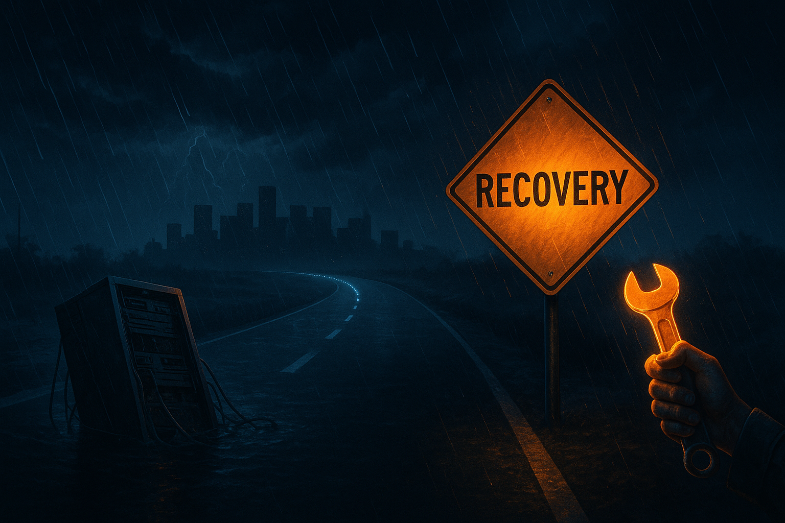 A dramatic digital painting showcasing a stormy highway at night, illuminated by a glowing orange "RECOVERY" sign amidst pouring rain. In the distance, a dark city skyline symbolizes systems down, while a path of blue lights leads toward it, suggesting progress. On the roadside, a broken server rack is partially submerged in water, and a hand holding a glowing orange wrench represents repair and hope. The color palette is dominated by navy blue and orange highlights, giving the scene a corporate and urgent tone.