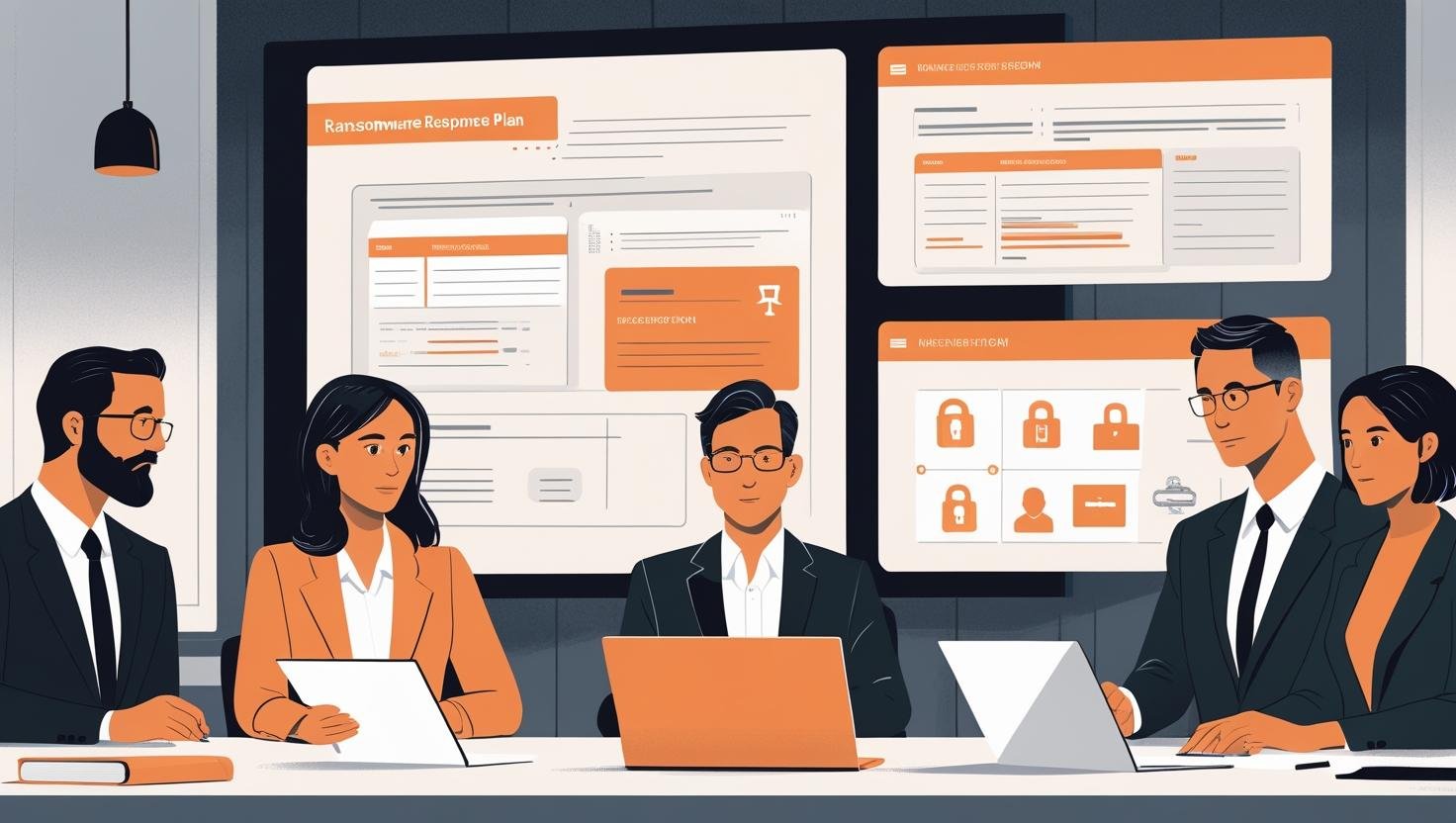 A minimalist illustration or muted photo of executives reviewing a ransomware response plan documents screens with orange highlights.