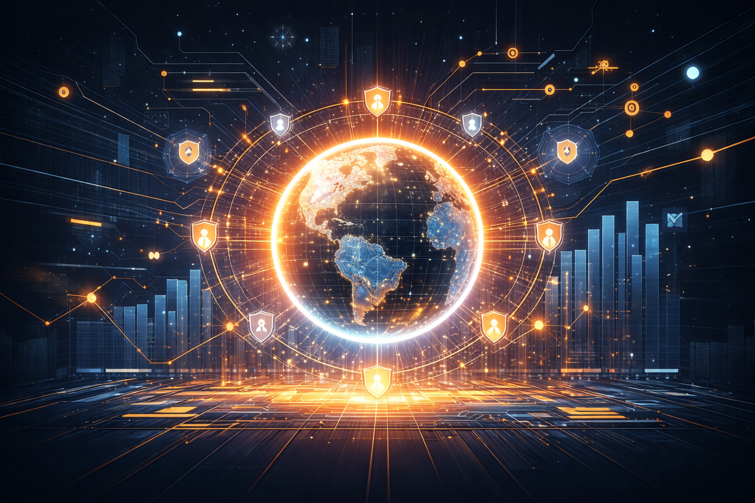 Globe surrounded by cybersecurity icons.