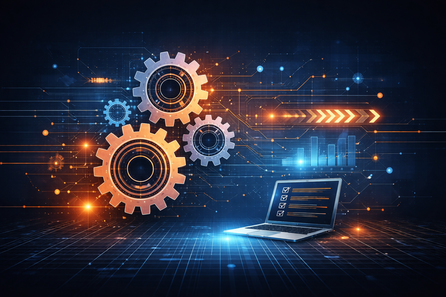 Laptop with gears and data graphics